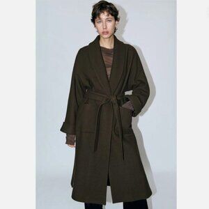NWT ZARA Manteco Premium Italian Wool Khaki Green Long Belted Wrap Coat, Sz XL